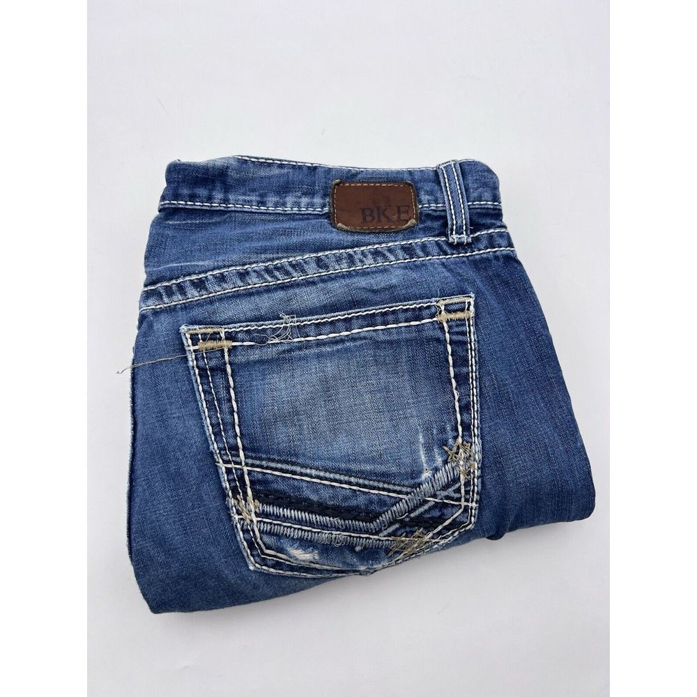 BKE Jeans Mens‎ 34" x 28.5" Fulton Buckle Destroyed Distressed Bootcut Blue